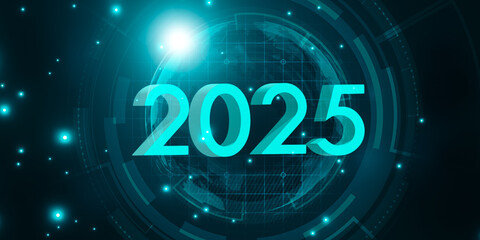 2025 new year digital world technology concept, growth economy business innovation development future technology connection, 3d render graphic text banner illustration technology blue background