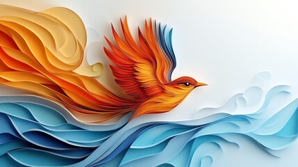 Obraz premium Paper cut abstract bird in flight, with exaggerated wings and dynamic movement, paper cut bird, abstract nature