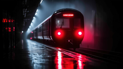 train approaches dimly lit subway station, illuminated by red lights reflecting on wet platform. atmosphere is moody and mysterious, evoking sense of anticipation