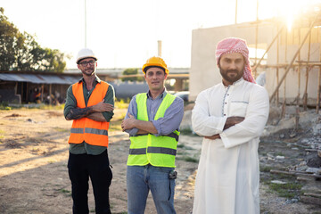 Architect engineer technician construction worker all working together as a team, arms in leadership agreement working communicating on building landscape housing architecture.