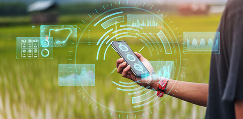 Athlete runner using smartphone mobile UI assistance technology performance enhancing tracking concept, training fitness sport leisure activity for healthy lifestyle, futuristic holographic hologram