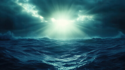 Obraz premium serene ocean scene with dramatic clouds and rays of light piercing through, creating tranquil yet powerful atmosphere. deep blue waves reflect light beautifully, evoking sense of calm and wonder