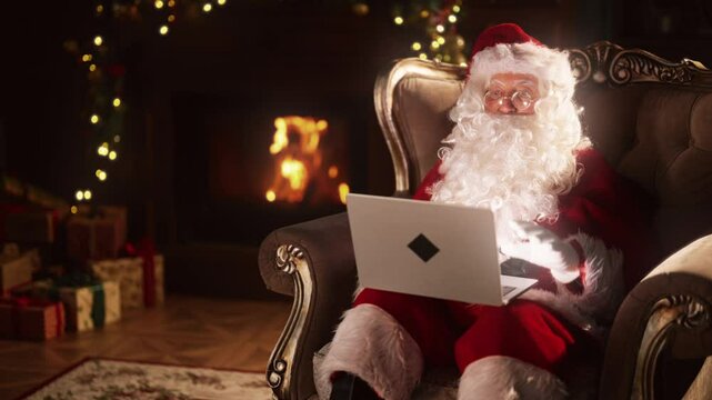 Mystery and magic in Christmas night, Santa Claus chatting by video conference. old wizard talking and looking at web camera, medium portrait in decorated living room in cozy home, Xmas an New year