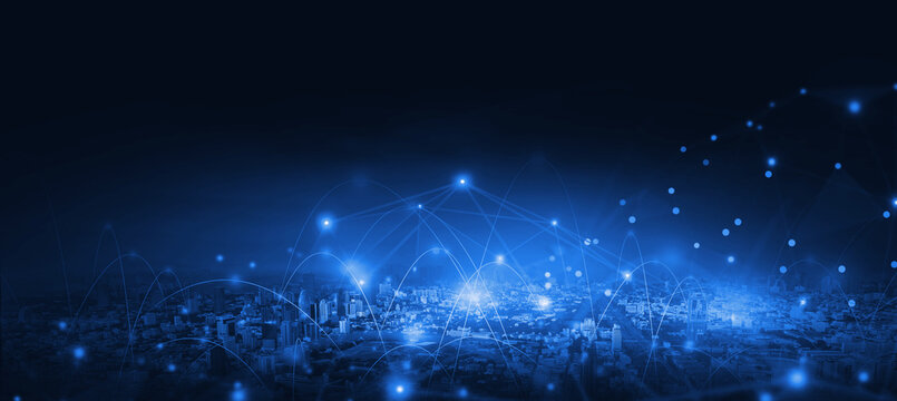 Business city abstract banner blue background, cityscape modern futuristic wireframe communication technology concept with graphics illustration.