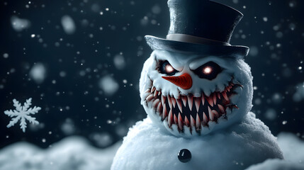 Chilling snowman with jagged teeth and an unsettling holiday look.