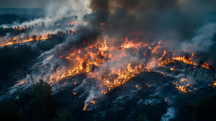 Aerial View of a Forest Fire Burning with Smoke and Flames