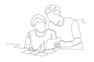 Mother and child looking at photo album. Photo album concept one-line drawing