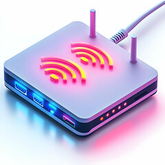 Wireless Router with Holographic Signal Indicators - Glowing Connectivity Concept for Remote Work Illustration on White Background with Ample Copy Space