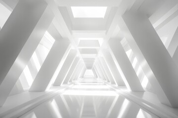 Fototapeta premium Futuristic white corridor with geometric architecture and angled beams, creating a sense of depth and symmetry.