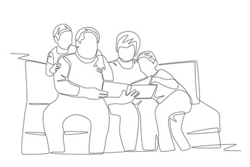 Grandparents and young grandchildren looking at photo album. Photo album concept one-line drawing