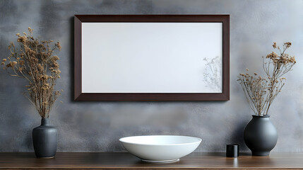 A Minimalist Interior Design with a White Ceramic Bowl, Two Black Vases with Dried Flowers, and a Wooden Frame on a Grey Wall