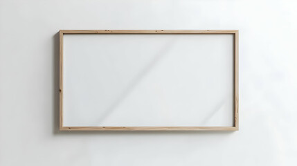 Fototapeta premium A Simple Wooden Frame Hanging on a White Wall with a Blank Canvas Inside, Ready for Your Artwork or Photography