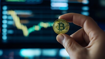 A hand firmly holding a stock coin with stock market data flowing in the background