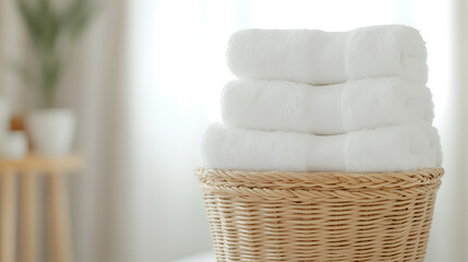 Neatly Arranged White Towels in a Woven Basket – Elegant Bathroom Decor and Organisation