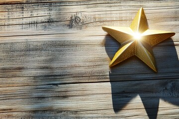 Golden star on rustic wood bathed in sunlight