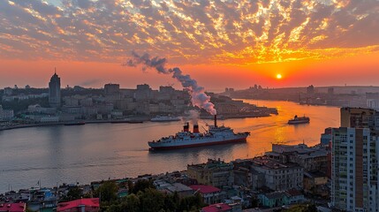 Naklejka premium Golden Horn Bay in Vladivostok, misty morning