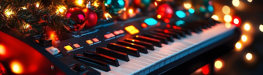 Retro Synthesizer Decorated with Christmas Lights and Holiday Ornaments for a Music