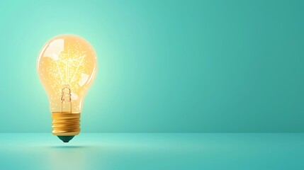 A glowing light bulb stands against a teal backdrop, embodying ideas, innovation, and creativity.