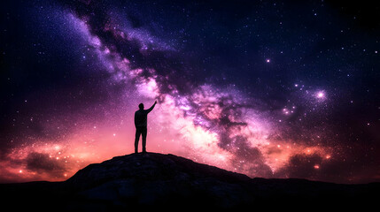 Fototapeta premium Silhouette of a Man Reaching Towards the Milky Way Galaxy Under a Starry Night Sky