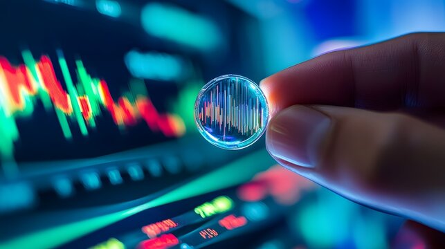 Close-up of hand holding a futuristic digital coin with dynamic stock graphs in the background