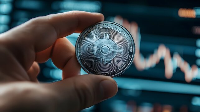Close-up of hand holding a futuristic digital coin with dynamic stock graphs in the background