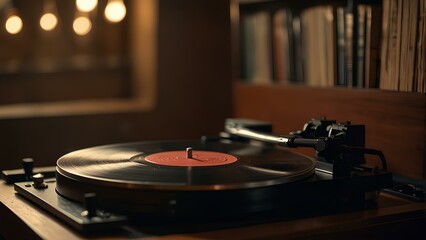 Obraz premium Vintage Vinyl Records and Turntable: Warm Ambient Lighting Creates a Nostalgic Retro Vibe