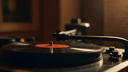 Obraz premium Vintage Vinyl Records and Turntable: Warm Ambient Lighting Creates a Nostalgic Retro Vibe