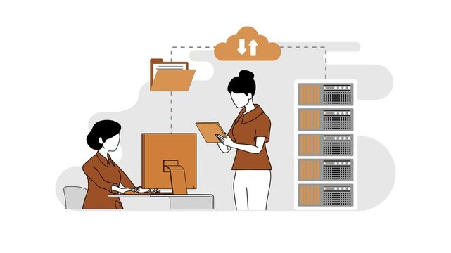 Teacher and student work with servers using desktops, information security, research 3d cartoon, cyber security testing. Faceless