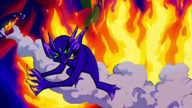 Cartoon Devil with Green Eyes on Cloud with Fire