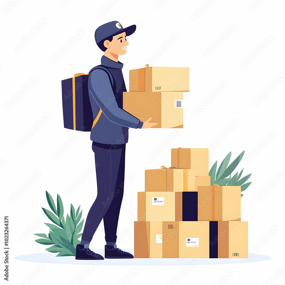 Poster efficient delivery service concept: person handling packages with commitment and reliability on clea