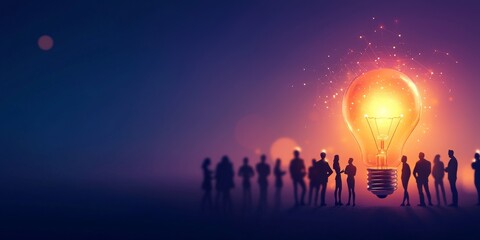 Fototapeta premium A group of silhouetted people gazes at a glowing light bulb, symbolizing innovation, creativity, and new ideas against a twilight backdrop.