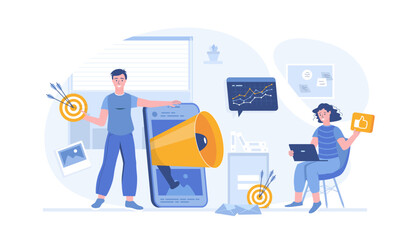 Mobile marketing. Promotion, advertising, social media campaign, digital marketing for attraction clients. Vector illustration with characters in flat design for web banner.