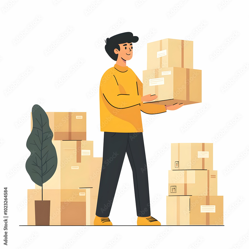 Poster person handling packages symbolizing reliable shipping service - commitment and efficiency against c