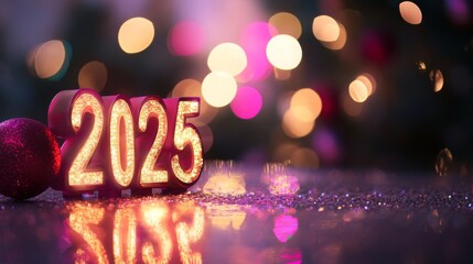 A glowing golden 2025 standing on a sparkling surface with blurred bokeh lights in the background, creating a festive atmosphere