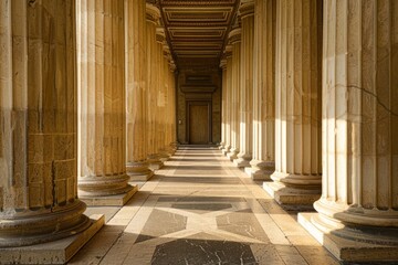 Photo of hallway between greek pillar architecture building corridor.