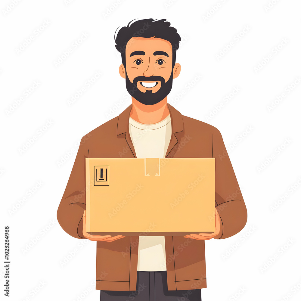 Poster smiling delivery person holding package showcasing efficient customer service with ample space for t