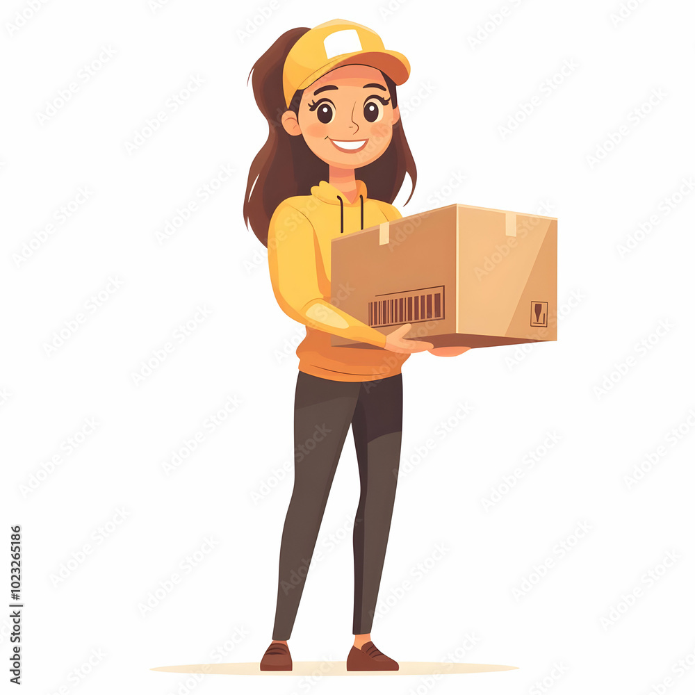 Wall mural smiling customer holding delivery box in clean background - concept of efficient and friendly delive