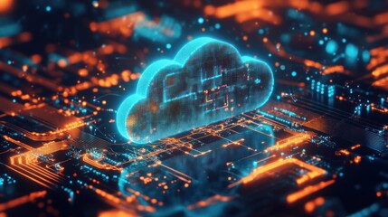 Obraz premium A glowing cloud symbol over a digital circuit board, representing cloud computing technology.