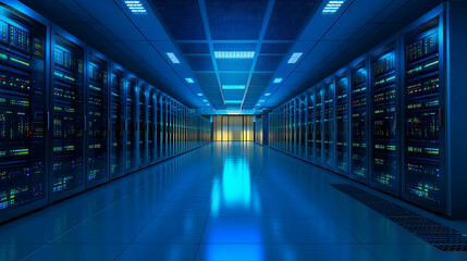 Fototapeta premium A 3D Render of a Server Room with Rows of Servers Illuminated by Blue Lights