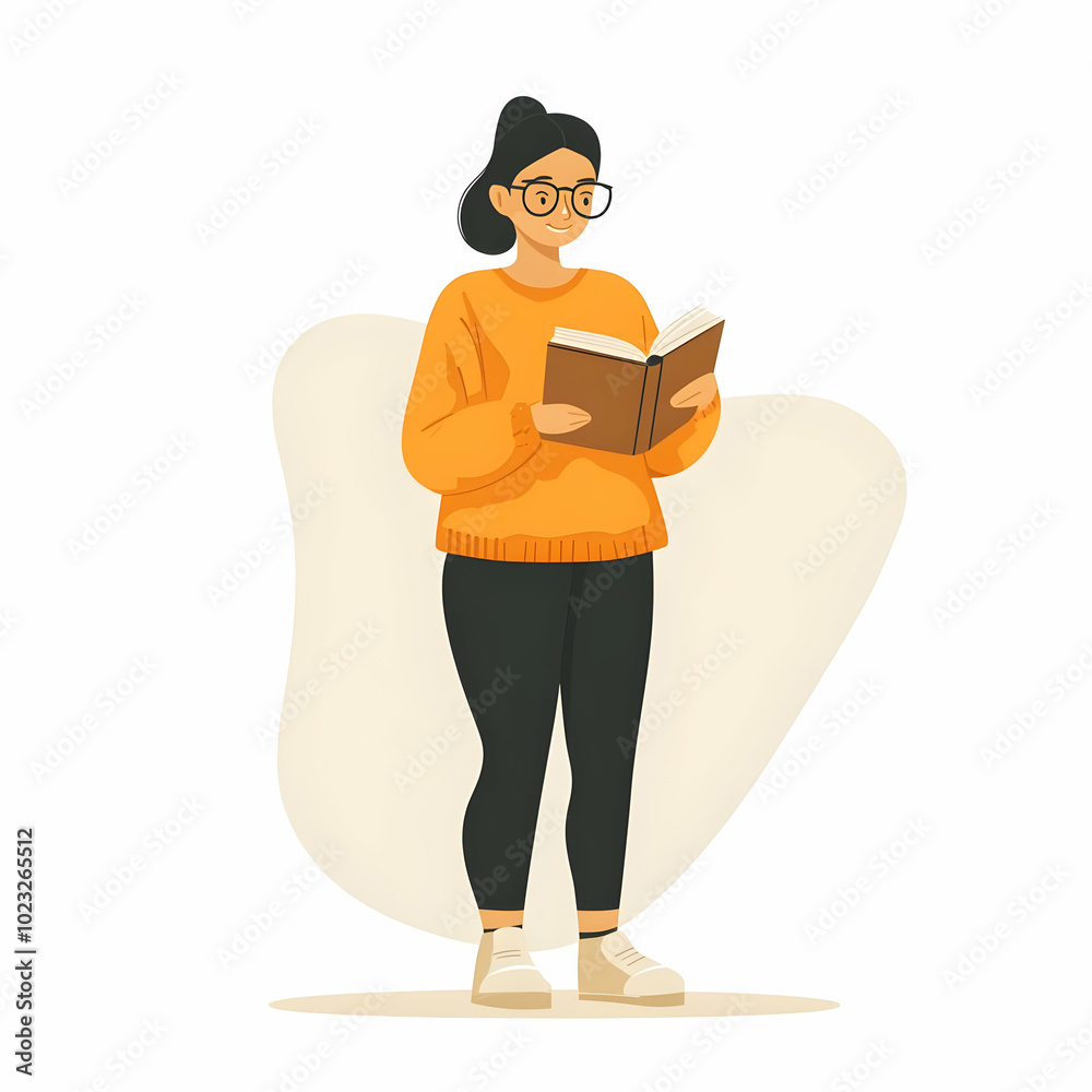 Poster person holding book and wearing reading glasses in library environment - conceptual image symbolizin