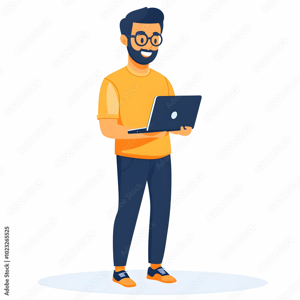 Poster professional tech support: person with laptop offering efficient solutions against a blank backgroun