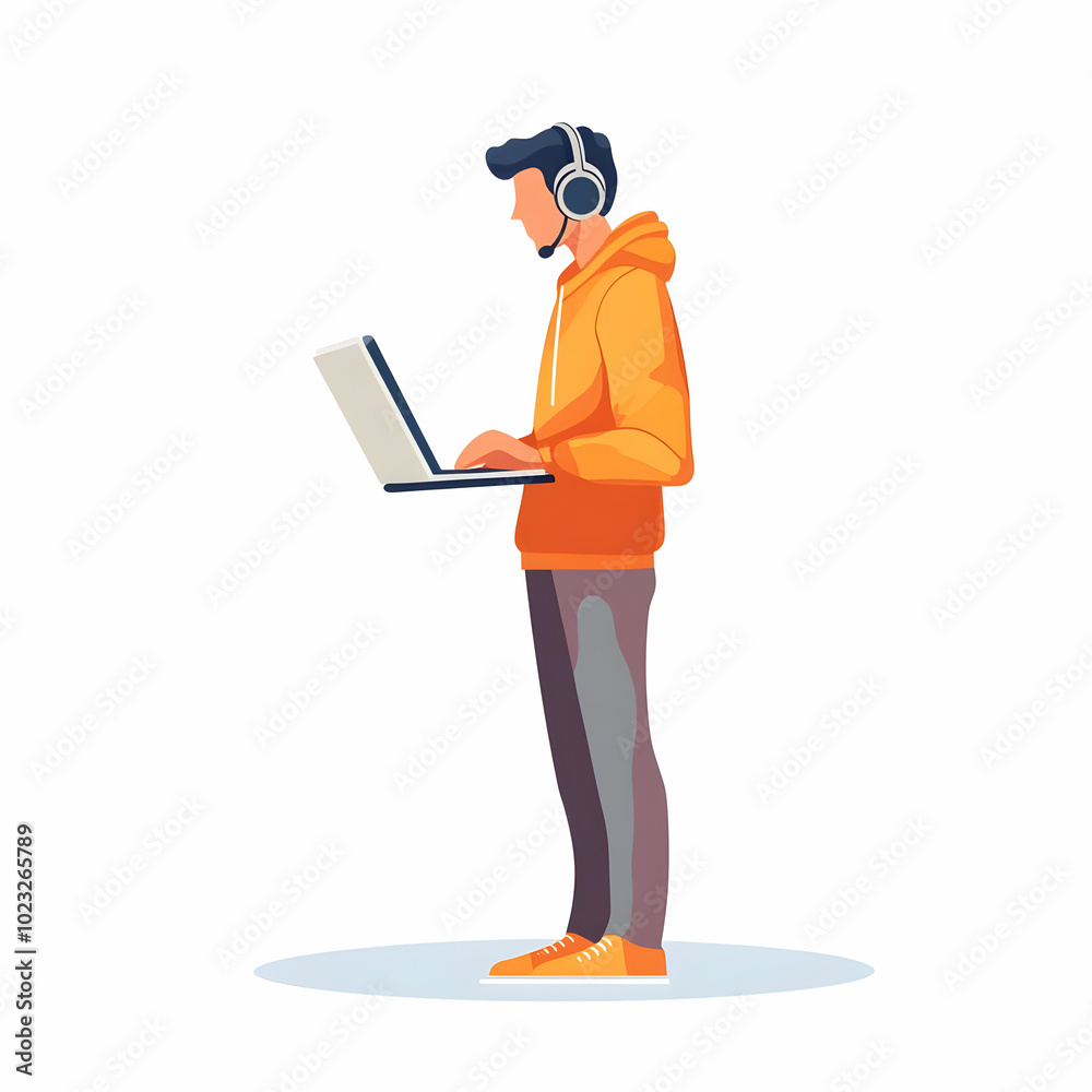 Poster person with laptop and headset for tech support - a friendly tech support agent providing efficient 