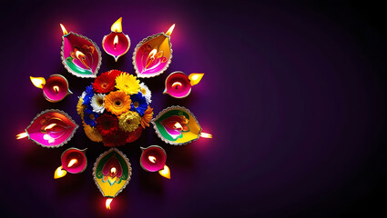 Radiant Diwali Bloom: A Symmetrical Celebration of Light and Color, Diwali decoration, festival of lights, Diya lamps