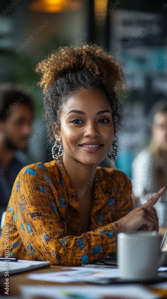 Poster a woman with a smile on her face is sitting at a table with a cup in front of he