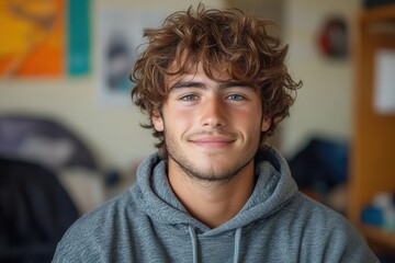 Obraz premium curlyhaired young man in a cozy dorm room wearing a grey hoodie and directly engaging the viewer with a warm smile capturing the essence of youth and personal space