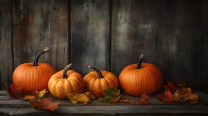 A photograph of pumpkins and autumn leaves on a wooden background, showcasing the beauty of the fall season