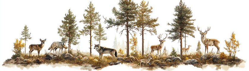 Deer and forest scene featuring various trees and wildlife against a white isolated background.