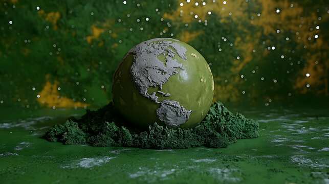 A Green Globe Partially Submerged in a Lush Green Landscape with a Glowing Yellow and Green Abstract Background