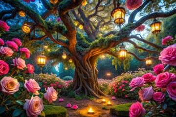 A hidden, fluorescent rose garden thrives in the heart of a mystical, ancient tree, its blossoms whispering secrets to the wind