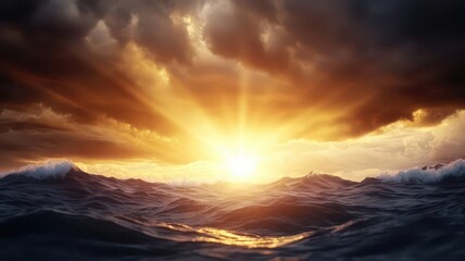 The sun breaking through storm clouds over a vast ocean, with waves crashing below, symbolizing nature s raw power and beauty